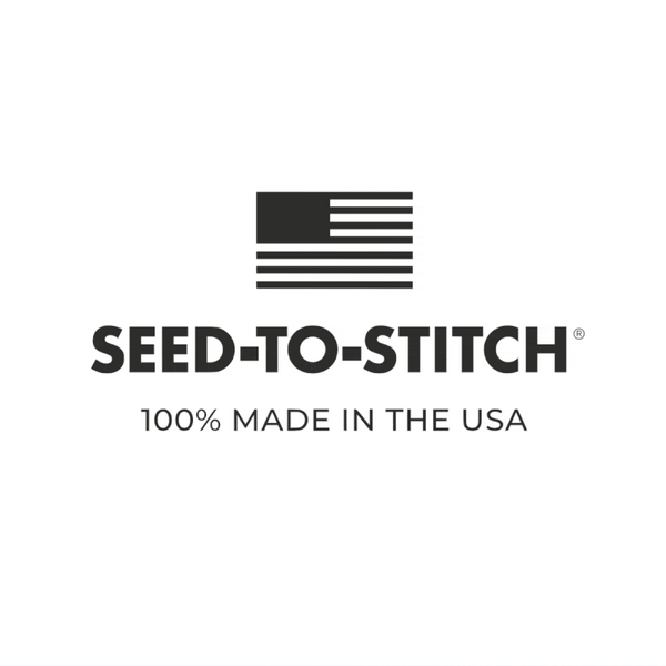 Seed to Stitch Made in the USA, American grown cotton in a field with a blue sky, woman trimming a pillowcase, 2 rolls of sheeting fabric in front of an american flag, a weaver using his hands to set-up a loom, a set of made in usa cotton bed sheets in front of a sewing machine