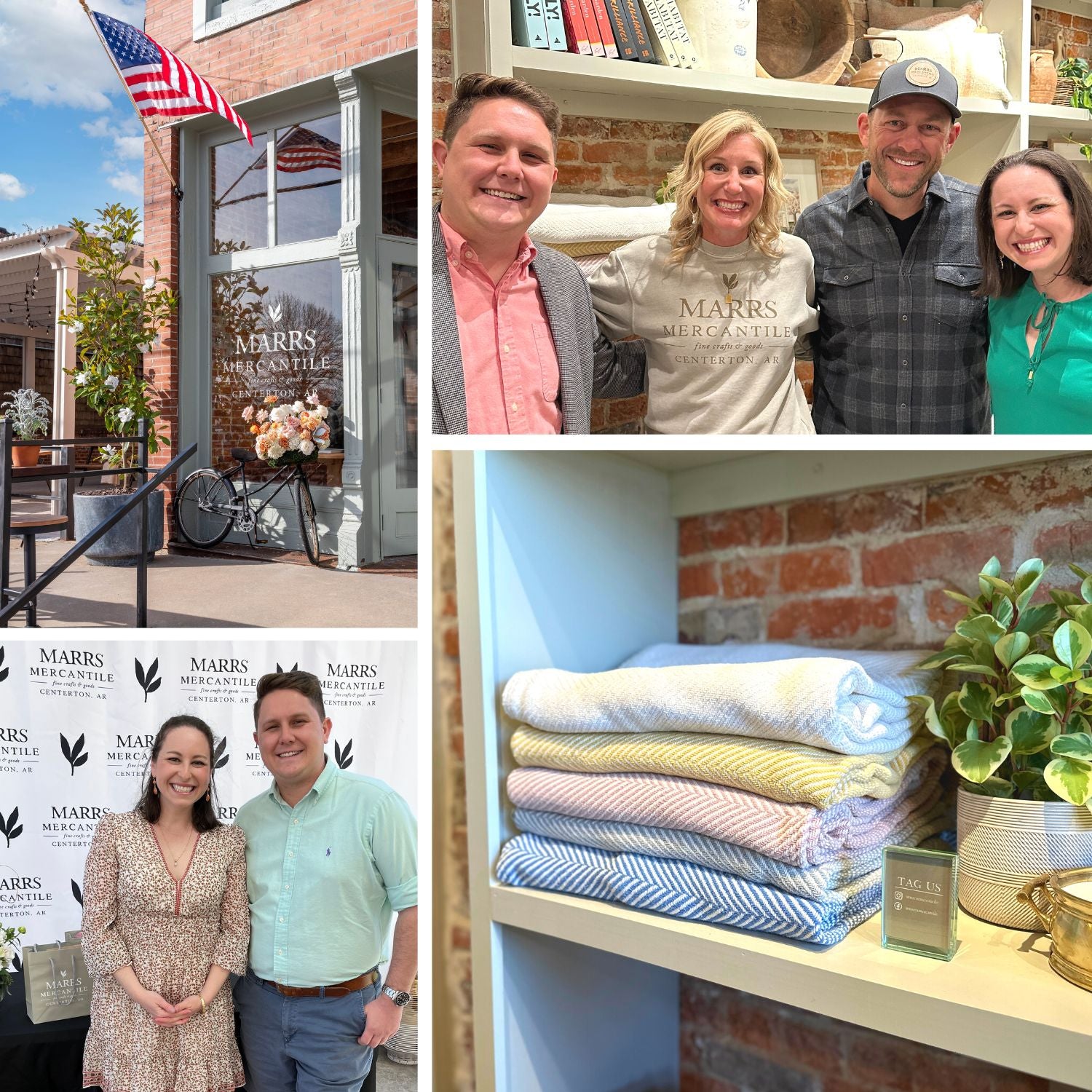 Image collage of the grand opening of Marrs Mercantile in Centerton, Arkansas. Authenticity50 team members, Steph & Deagan with HGTV stars Jenny & Dave Marrs. Authenticity50 Heritage Blankets on a shelf at Marrs Mercantile. A picture of the front of the store. A picture of Steph and Deagan in front of the store.
