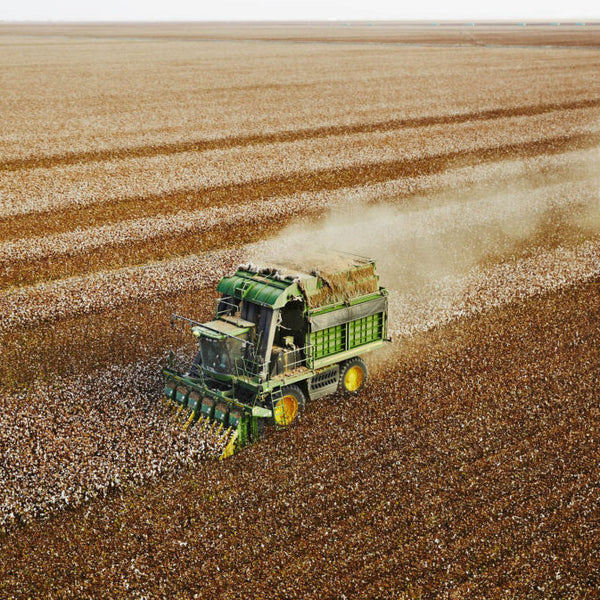 view of cotton tractor from helicopter